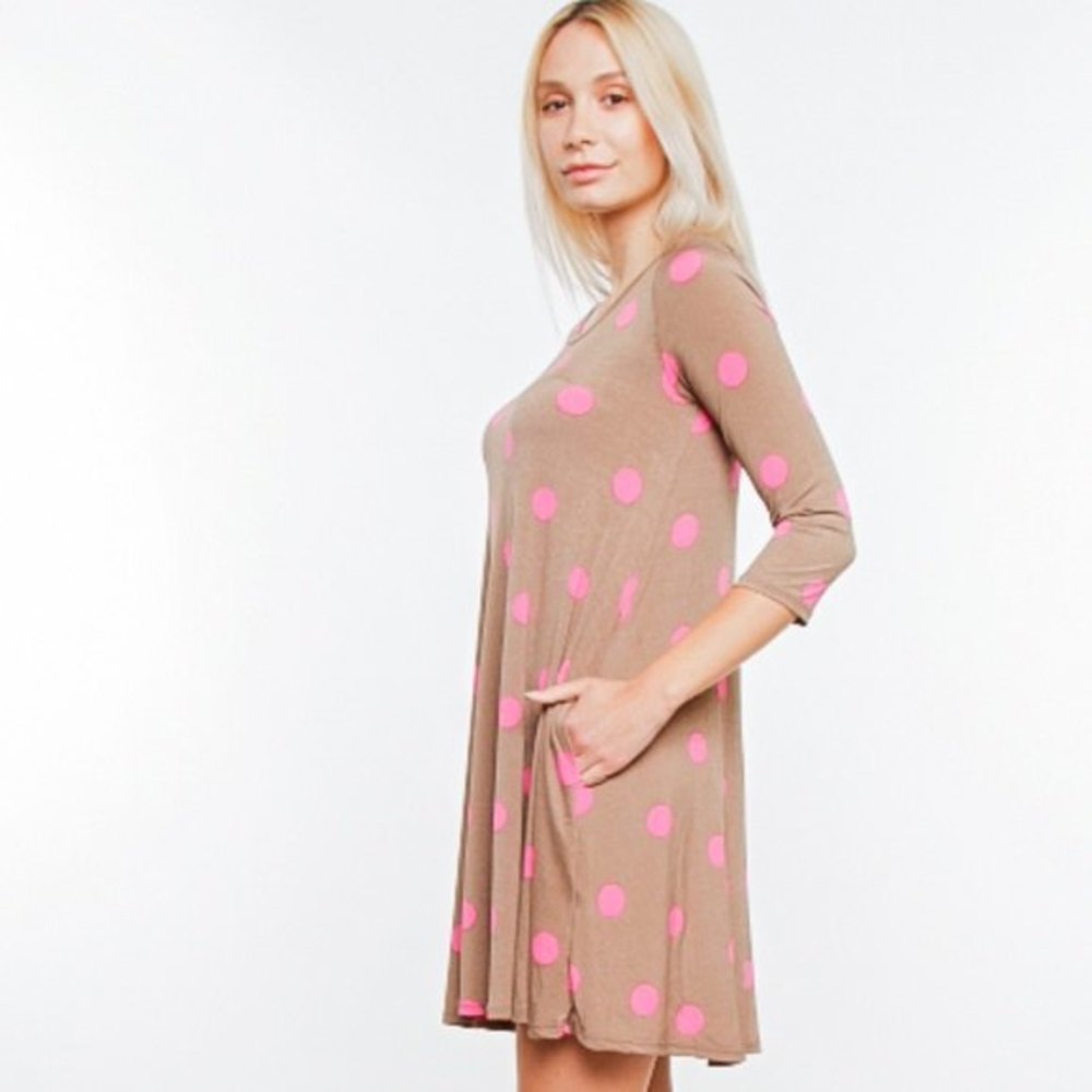 WATERMELON Women Pockets Mocha Pink Dots Crew Neck Casual Office Dinner Dresses